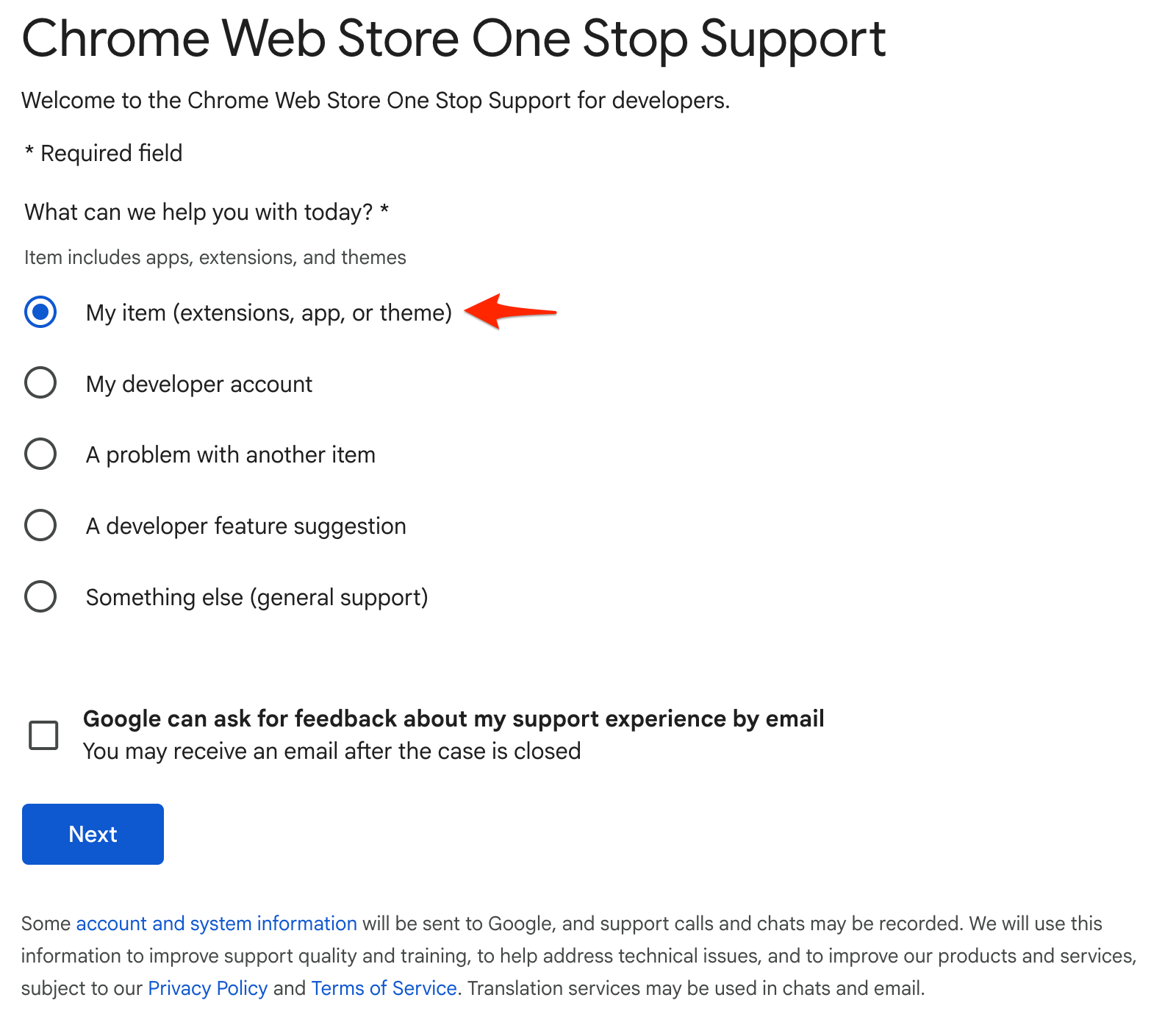 One Stop Support: choose “My item”