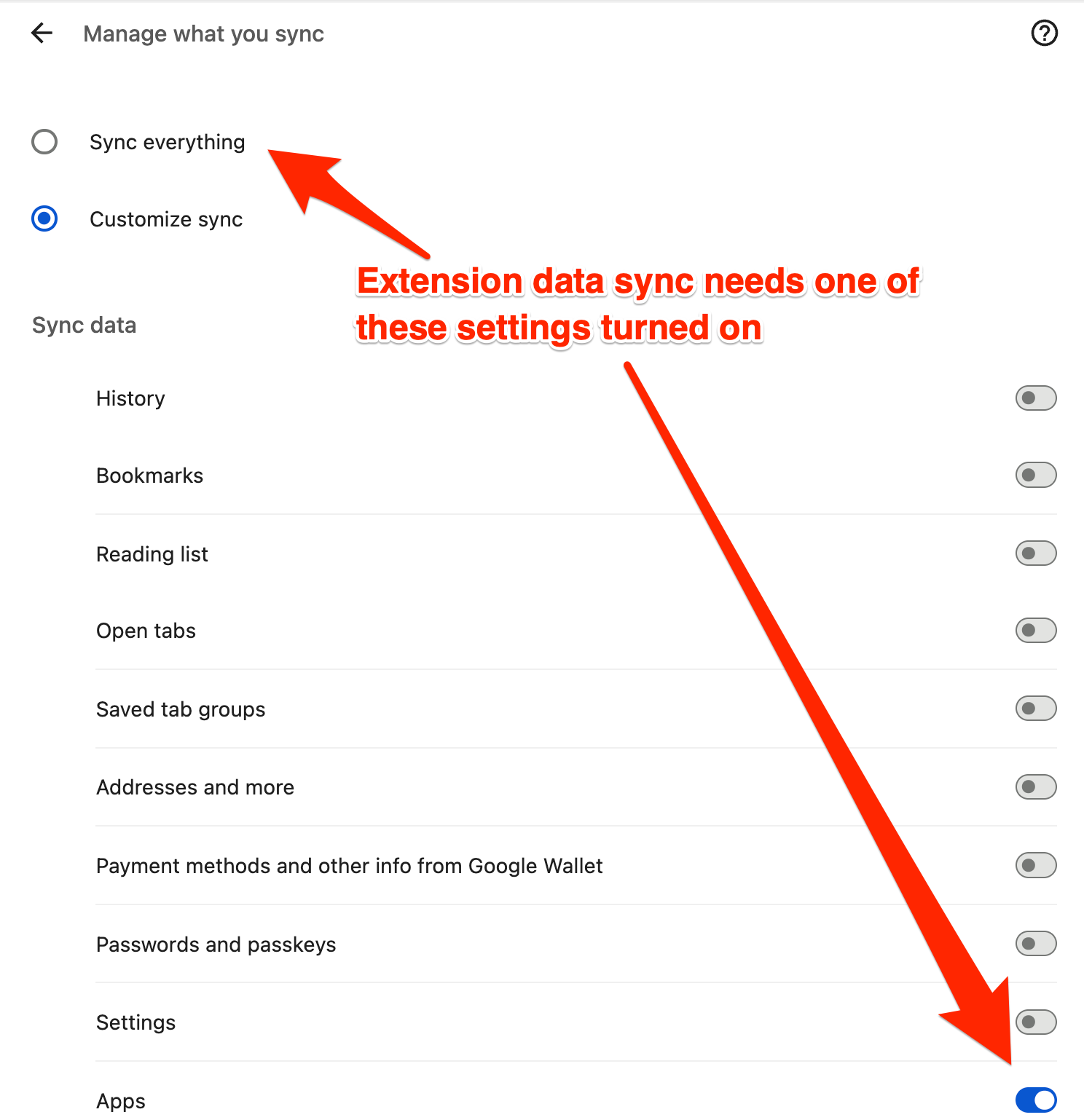 Google account sync settings required for extension data sync
